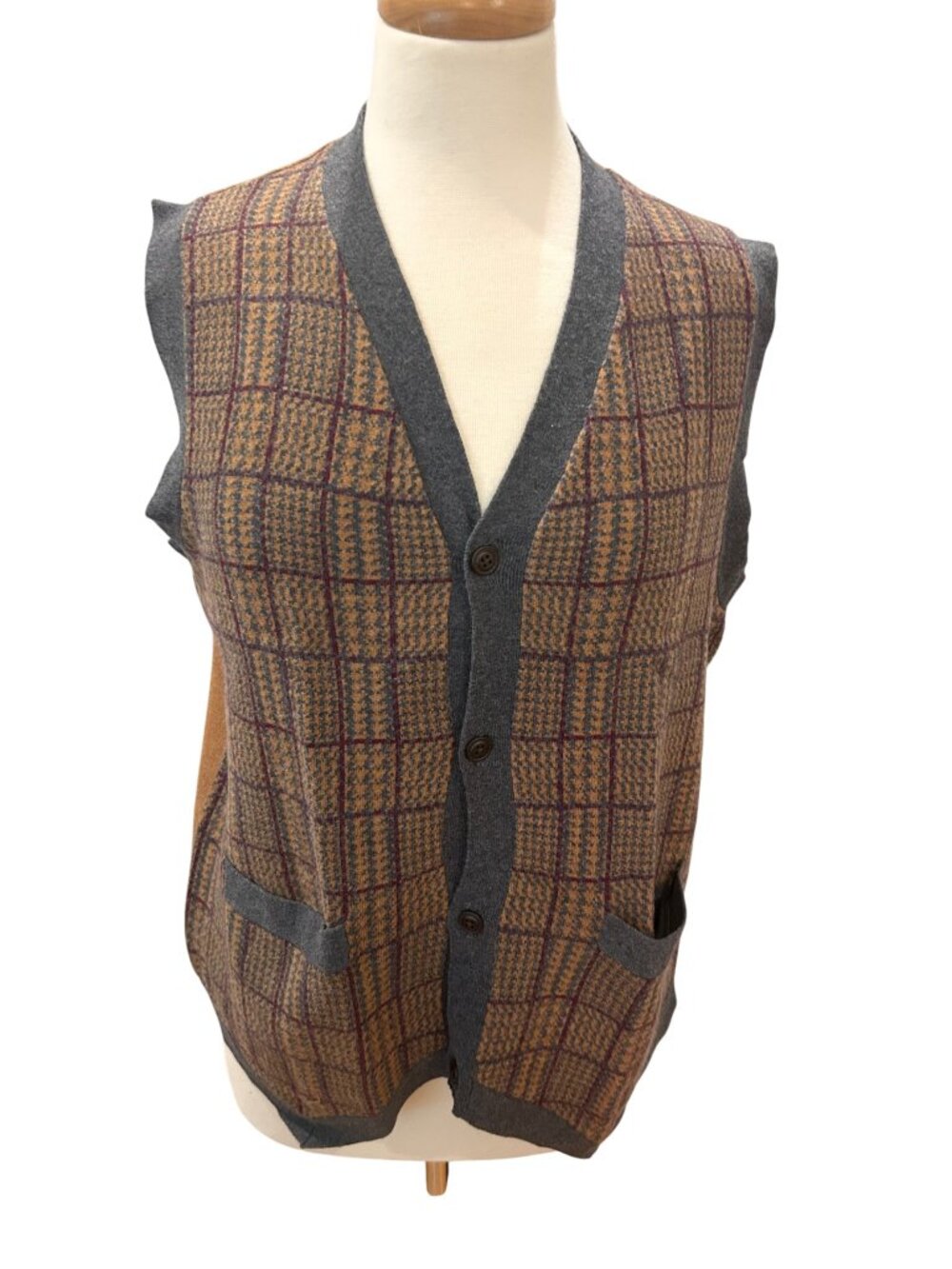 Alan Flusser Cashmere Blend Plaid Knit Button Vest Sweater Gray Tan Men's M